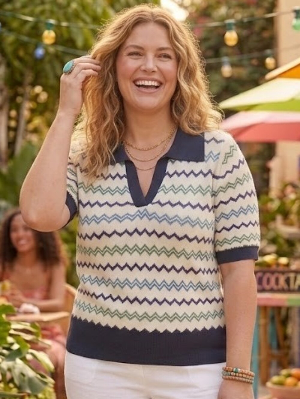 Talbots Plus Chevron Knit Polo Vacation Preppy Resort Nautical Coastal Chic